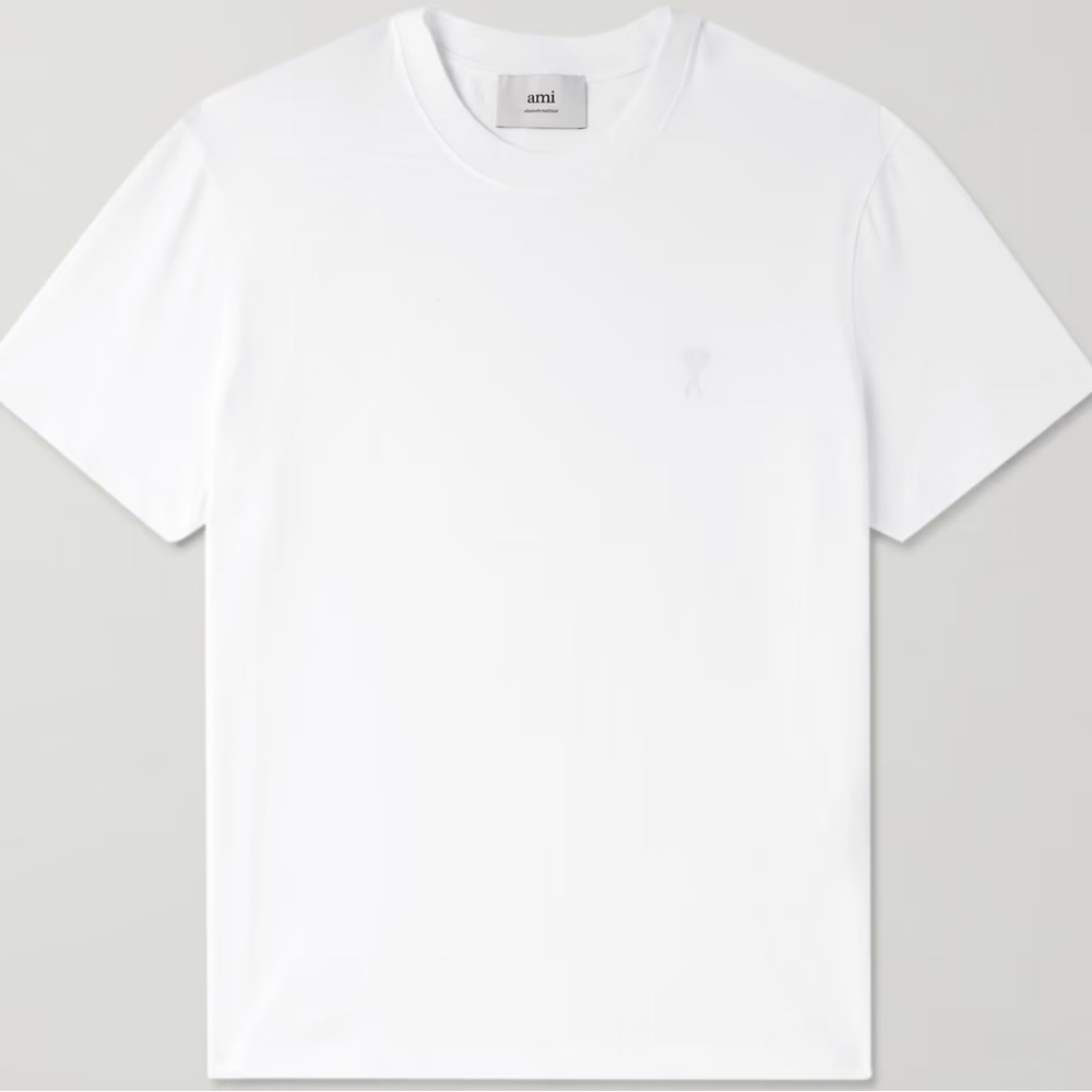 AMI Paris Logo Embroidered Cotton Jersey Knit Short Sleeve T Shirt in White
